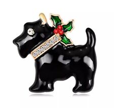 Black Enamel West Highland Terrier Brooch with christmas holly.
