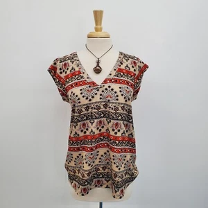 Daniel Rainn Womens Cap Sleeve Top Size M Floral Print V-Neck Blouse Red Brown - Picture 1 of 13
