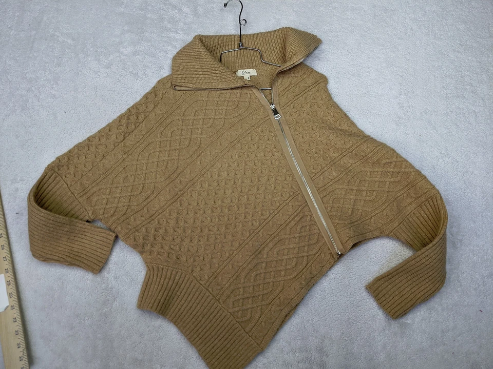 Elan Womens S Beige Asymetrical Front Zip Cable Knit Sweater Dolman Batwing Aran - Image 1 of 4
