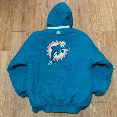 Vintage 90s Miami Dolphins Starter NFL Puffer Jacket w/ Removable Hood Size L - Image 1 of 4