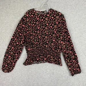 Arizona Jean Co Top Womens XL Black Floral Pullover Long Sleeve Smocked Blouse - Picture 1 of 14