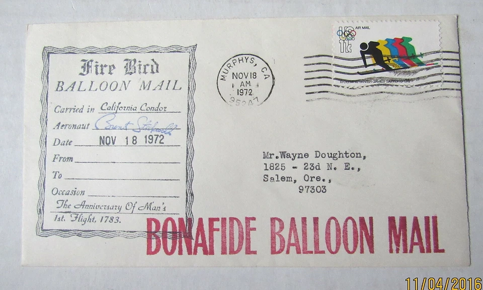 1972 Bonfide Balloon Air Mail Cover~ California Condor Fire Bird Murphy's CA - Image 1 of 1