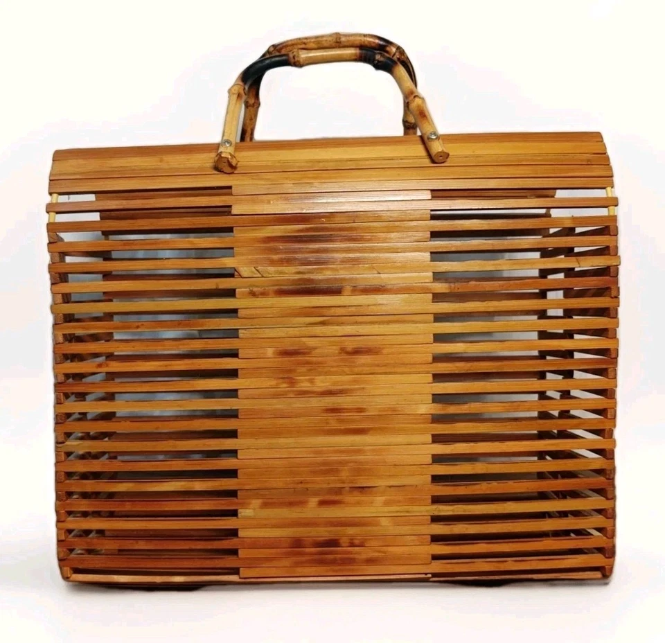 🎍Cartera de bambú vintage doble asa plegable madera natural marrón 11x12x4 Foto 1 de 4