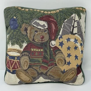 Tapestry Christmas Teddy Bear Throw Pillow Size 12" X 12" Red Green Tan White - Picture 1 of 3