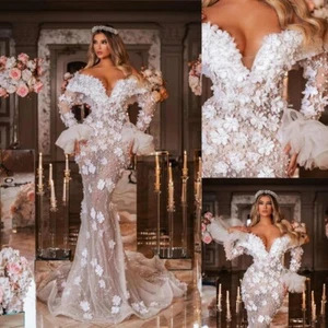Vestidos de novia de sirena con flores 3D al hombro manga larga ilusión vestido de novia - Imagen 1 de 9