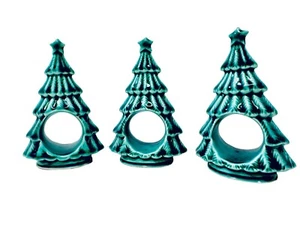 Vintage 1980's Green Ceramic Hand Painted Christmas Tree Napkin Ring Holders Set - Picture 1 of 16