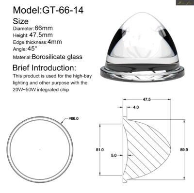 66mm Optical Glass Lens Angle 45° Projection Lamp Lens f 20-50W integrated Chip Foto 1 de 3