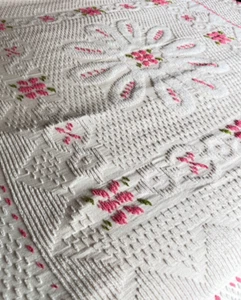 Vintage Chenille Bedspread  Pink and White Fringed 108"L x92"W 1950s MCM - Picture 1 of 14