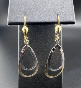 18K TT TWO-TONE YG YELLOW WHITE GOLD LEVER-BACK TEARDROP DANGLE EARRINGS - Picture 1 of 8