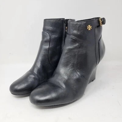 Tory Burch 8.5 M Milan Cuero Cuña Negro Botín Botines Tobillo Foto 1 de 4