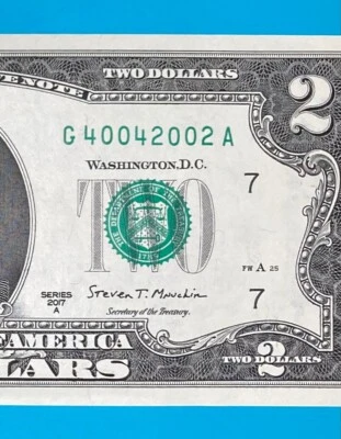 G 4004 2002 A : TRAILING YEAR 2002 $2 Two Dollar Bill Serial Number *UNC* - Image 1 of 3