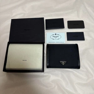 Brand new unused PRADA  Triangle Plate Black Compact Trifold Wallet Nylon Leath - Picture 1 of 12