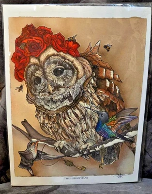 Rohner Art Print Signed USA Pen Ink Color Illustration Heirophant Owl 9" x 12" - Image 1 of 4