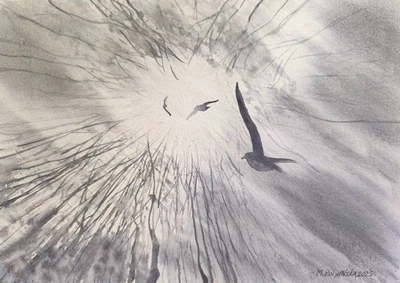 Pintura de Arte Original FOREST BERDS CIELO VOLADOR Obra de Arte Paisaje Moderno Regalo A4 Foto 1 de 4