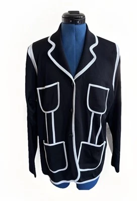Chaqueta Blazer Misook Negra Tejida Con Botones Con Borde Blanco Cuatro Bolsillos Talla M Foto 1 de 4