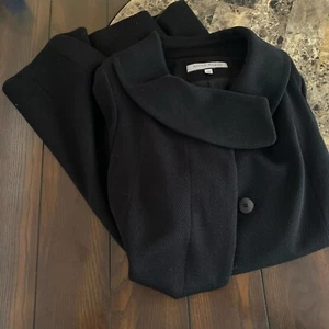VTG ANNE KLEIN NY 100% Virgin Wool Black Coat Size M Pockets Lined 3/4 Sleeve - Picture 1 of 17