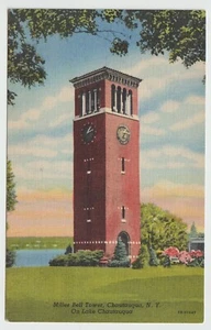 Postal de Chautaugua Nueva York Miller Bell Tower en el lago Chautaugua lino sin usar - Imagen 1 de 2