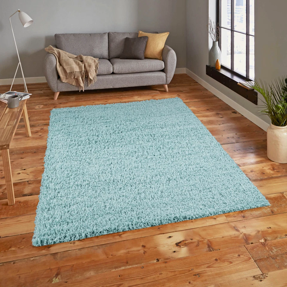 Extra Large Thick 5cm High Pile Modern Duck Egg Blue Shaggy Rugs 240x340