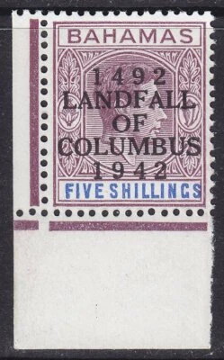 BAHAMAS SG174 5/- REDDISH LILAC & BLUE COLUMBUS MNH DOT IN "N" FLAW MNH - Image 1 of 2