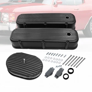 Black Tall Valve Covers Fit Chevy BBC 396 454 502 65-95 & 12" Finned Air Cleaner - Picture 1 of 7