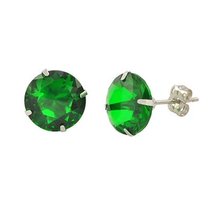 14k White Gold Emerald Green Cubic Zirconia Stud Earrings Round Birthstone CZ - Picture 1 of 15