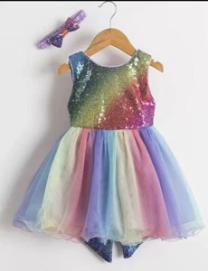 Rainbow dress girls + Headband - Picture 1 of 2