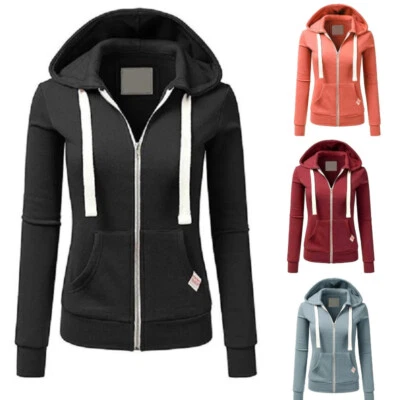 Ladies Womens Plain Zip Up Hoodie Sweatshirt Fleece Jacket Hooded Top UK 8 To 22 - Image 1 of 4