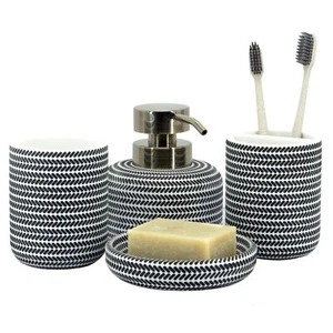 Black And White Bathroom Accessories Set 4 Pcs Toothbrush Holder Soap Dispenser - Picture 1 of 7