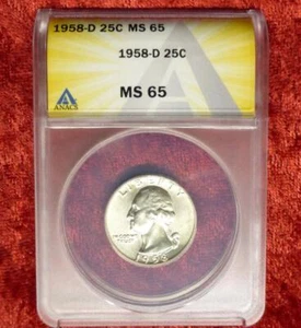 1958 D ANACS MS 65 Washington Silver Quarter, Gem MS 65 Silver 25-Cent Coin - Picture 1 of 6