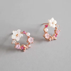925 Sterling Silver Rose Gold Gemstone Shell Flower Daily Floral Stud Earrings - Picture 1 of 5