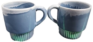 Vintage Blue Drip Glaze Tea Cup Stacking Retro Coffee Mug Japan Set Of 2 - Picture 1 of 6