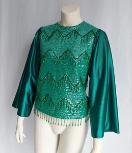 SHIMMERY EMERALD SEQUIN BEADED vintage 1960s Fluted Sleeved BLOUSE TOP - L - Picture 1 of 8