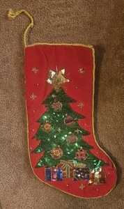 Vintage Christmas Stocking Red Velvet With Sequins & Bead Design Tree With Gifts - Picture 1 of 6