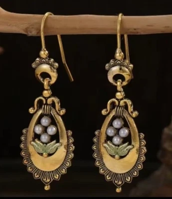 RETRO VINTAGE OHRSTECKER OHRRINGE KLEINE PERLEN OHRHÄNGER GOLDFARBEN TROPFEN - Bild 1 von 2