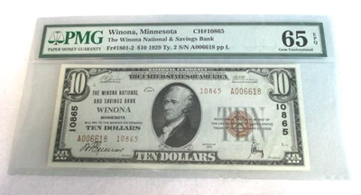 Charter#10865, $10, 1929 Type 2, Winona Minnesota,  PMG/EPQ 65 - Image 1 of 2