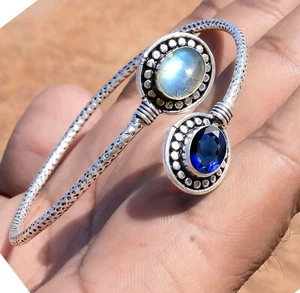 Tanzanite & Labradorite Gemstone 925 Sterling Silver Birthday Gift Bangle Cuff - Picture 1 of 7