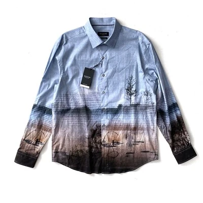 Camisa Bugatchi Nueva con Etiquetas Ajuste Cómoda Elastizada Julian Impresión Fotográfica Manga Larga XL Foto 1 de 3