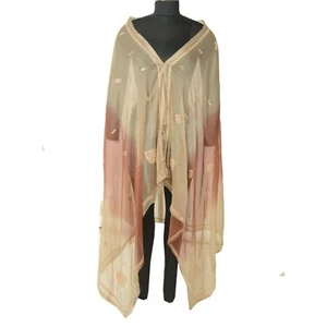 Sanskriti Vintage Beige Long Dupatta Stole Pure Chiffon Silk Hand Beaded Scarves - Picture 1 of 9