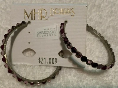 Silver Hoop Earrings Pink Clear Swarovski Crystal - Image 1 of 4