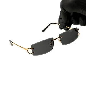 Narrow Rimless Gold Frame Stylish Dark Black Gradient Tinted Lens Sunglasses - Picture 1 of 6