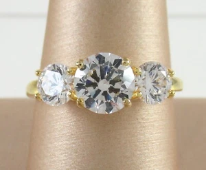.925 Sterling Silver 3 Stone Ring Yellow Gold Plated Cubic Zirconia Round sz 10 - Picture 1 of 2