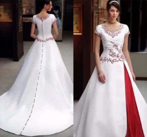 Wedding Red White Dress And Vintage Lace Embroidery Buttons Cap Short Sleeve - Picture 1 of 6