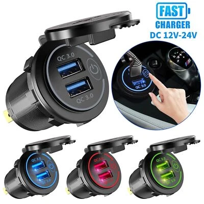 Cargador rápido USB doble QC 3.0 con interruptor adaptador de toma de corriente de enchufe de coche de 12-24 V Foto 1 de 4