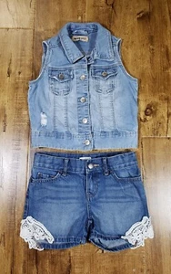 est 1989 PLACE BLUE SPIC Denim Shorts & Vest Kids Girls 6 Lace Embellished Lot/2 - Picture 1 of 12