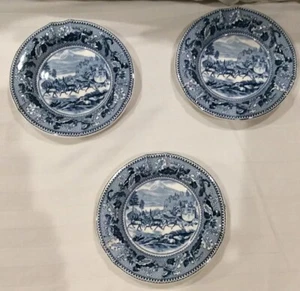 3 Johnson Bros Historic America Blue Stagecoach Pattern Ashtrays - Picture 1 of 4