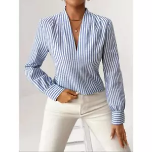New Loose-Fit Shirt Women's Fashionable Elegant Striped V-Neck Long Sleeve Top - Picture 1 of 5