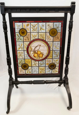 Antique Victorian Aesthetic Stained Glass and Ebonized Wood Fire Screen Cover
