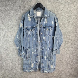 Zara Jacket Womens Small Blue Trafacluc Denim Distressed Ripped Button 12109 - Picture 1 of 11