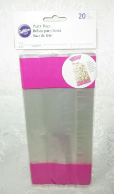Clear with Pink Wilton Party Treat Bags Pack of 20 (4" x 2" x 9.5") with ties  - Image 1 of 4