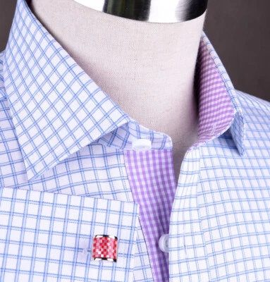 Camisa de vestir de negocios formal a cuadros de guinga azul cuadros lujo moda inteligente Foto 1 de 4